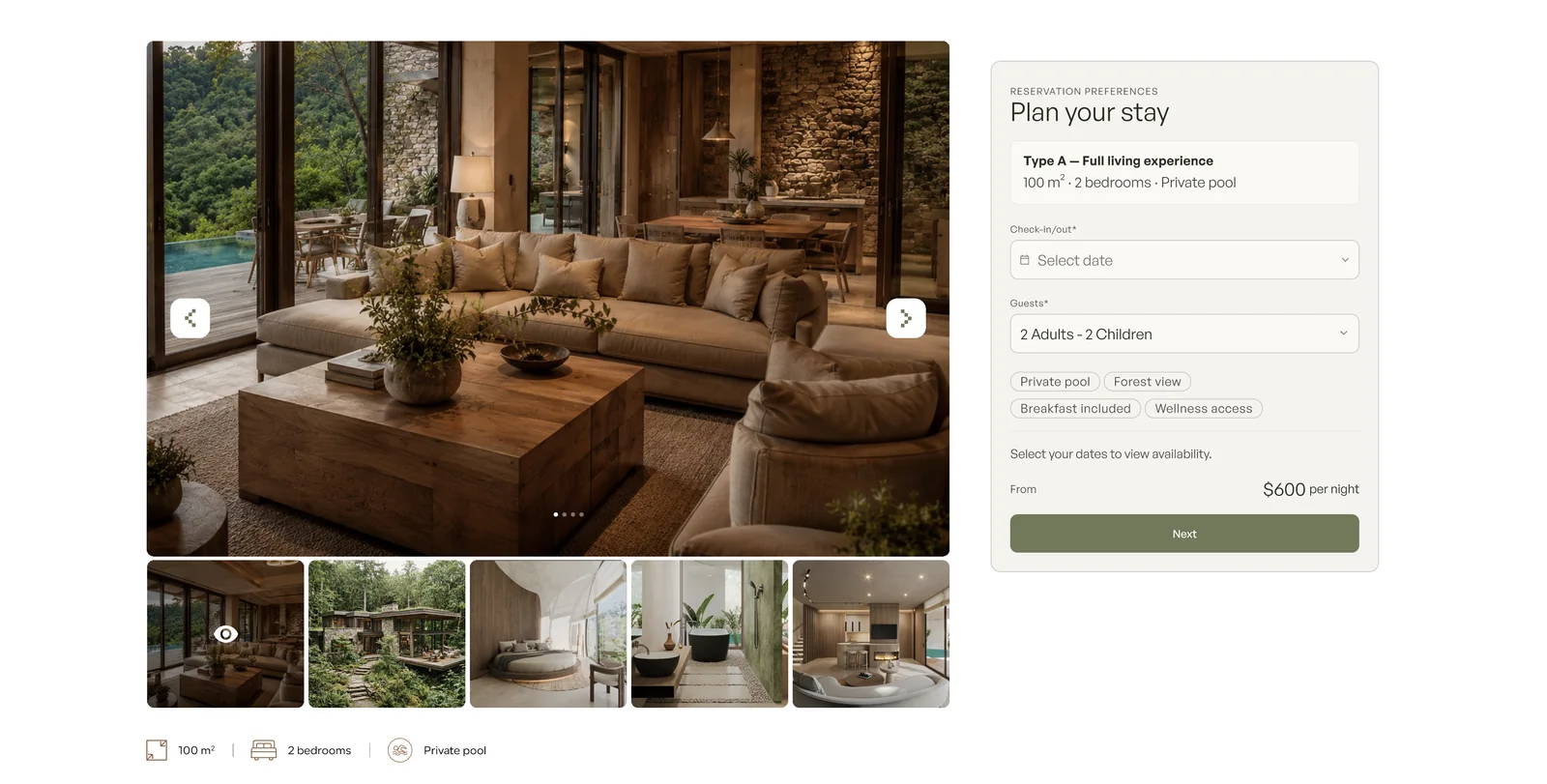 Circle Five hotel website booking UI with chalet photo gallery and a Plan your stay reservation panel for dates and guests