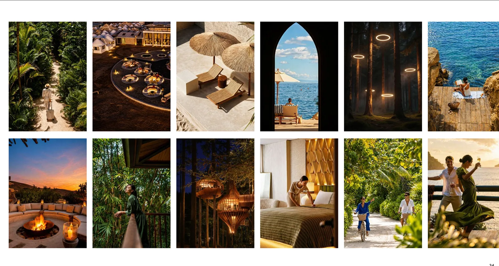 Circle Five hotel photography style: forest paths, firelight, pools and natural textures