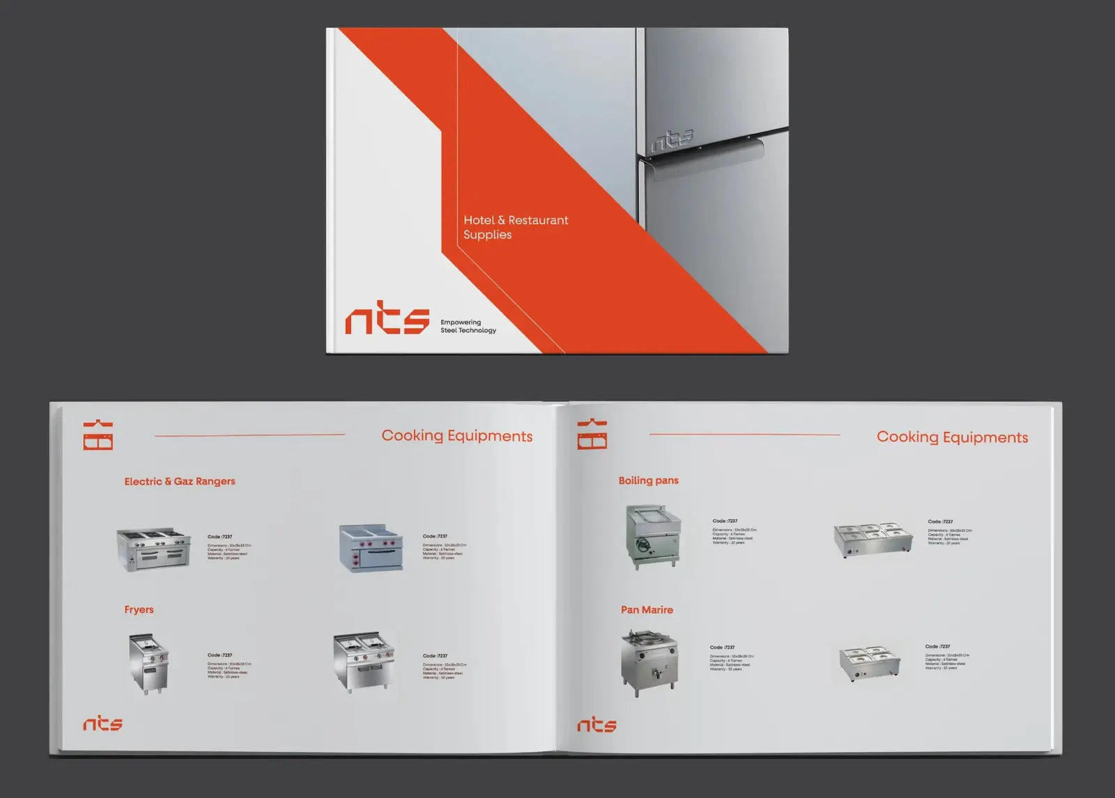 NTS product catalogue: the Hotel and Restaurant Supplies cover and a cooking equipment spread organised by icon