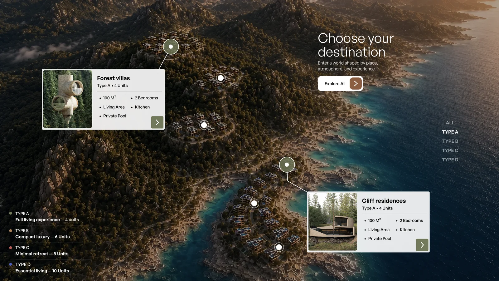Circle Five hotel website interactive map UI showing forest villas and chalet types A to D across the resort