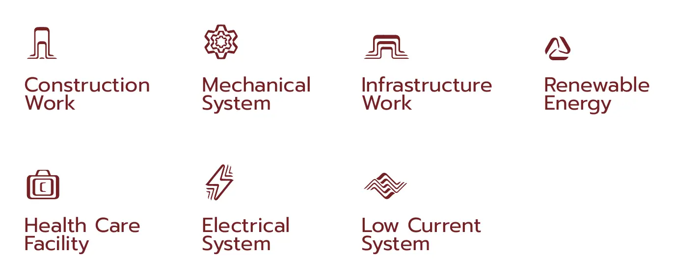 Seven VCC service icons: construction, mechanical, infrastructure, renewable energy, healthcare, electrical and low current