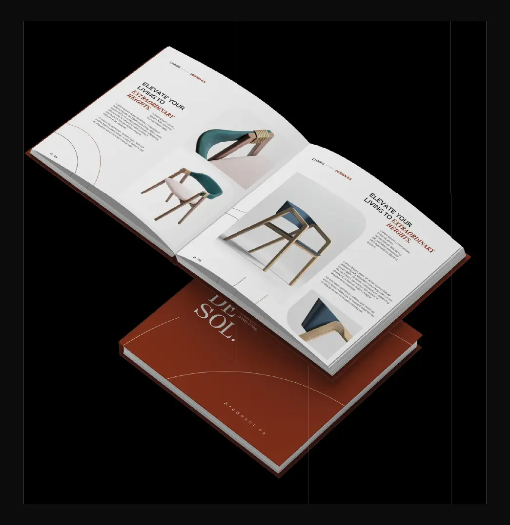 Open Arc de Sol furniture catalogue with chair photography and editorial layouts