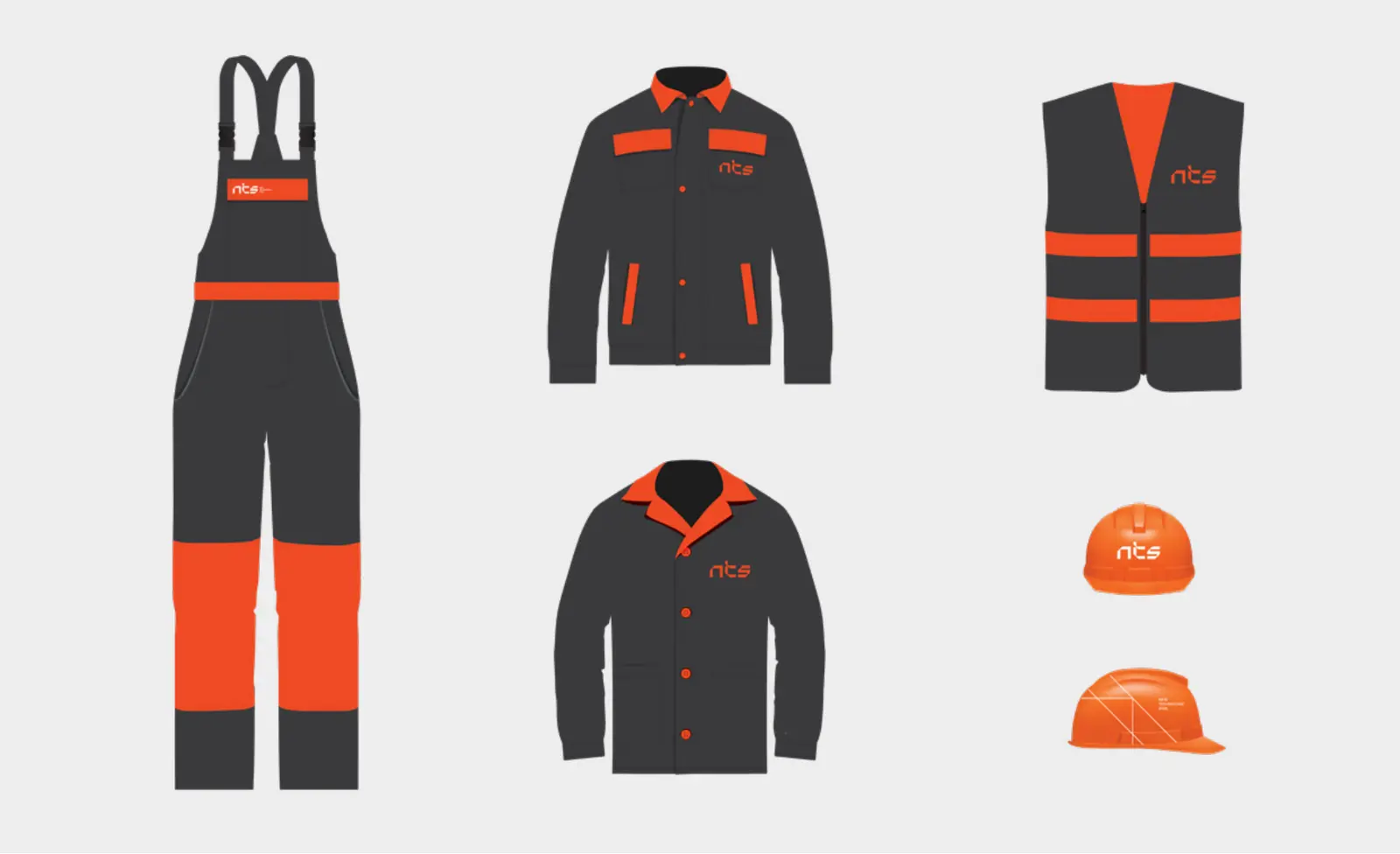 NTS workwear set: carbon black overalls, jackets and a vest with orange panels, plus orange hard hats