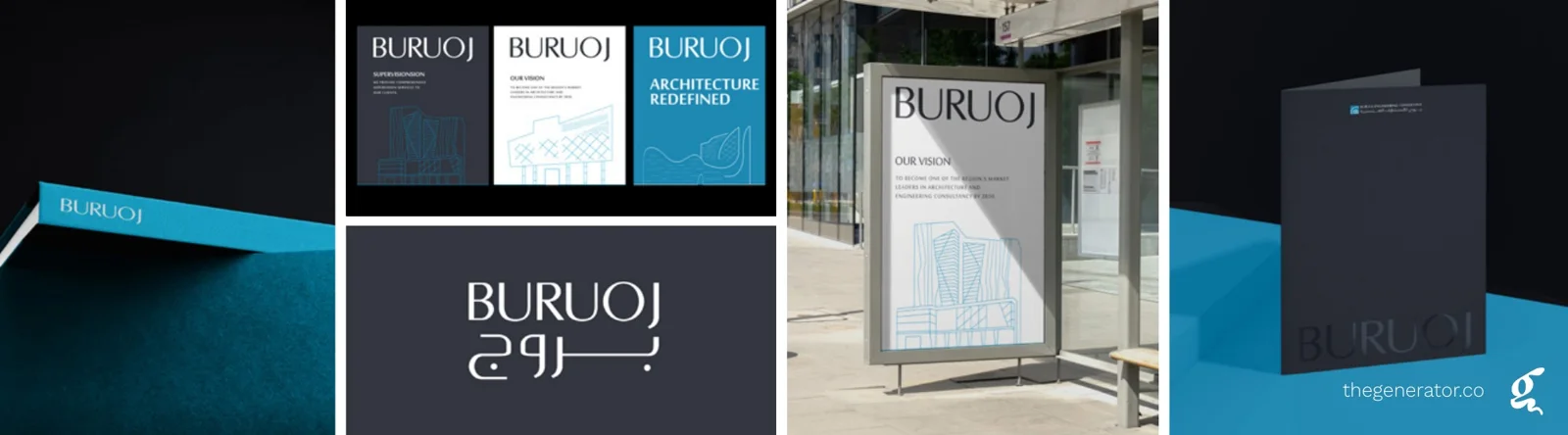 Buruoj brand identity applications Buruoj architecture consultancy brand identity on posters, street signage, stationery and a folder with line drawings of buildings
