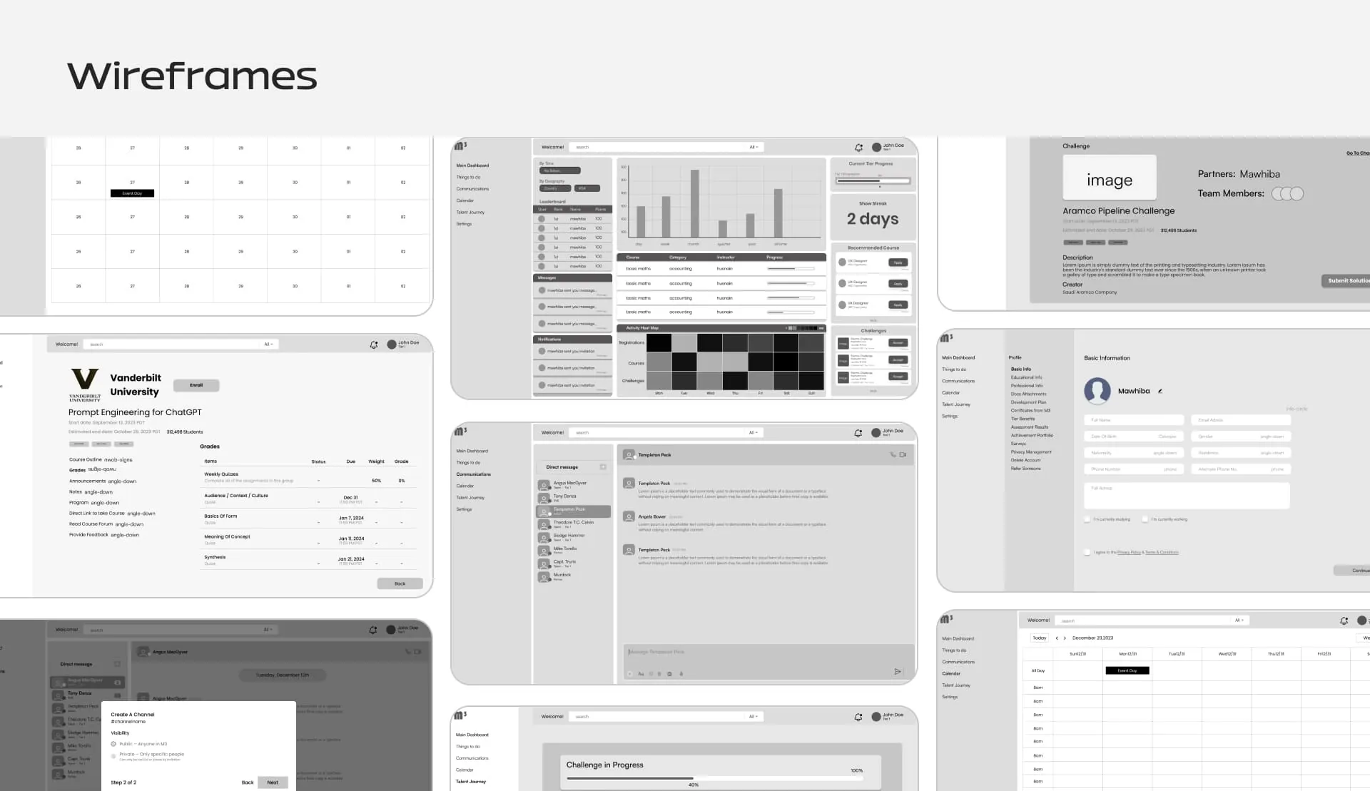 Low-fidelity wireframes for the M3 Mawhiba MetaMinds platform dashboard, messaging and calendar screens by Generator