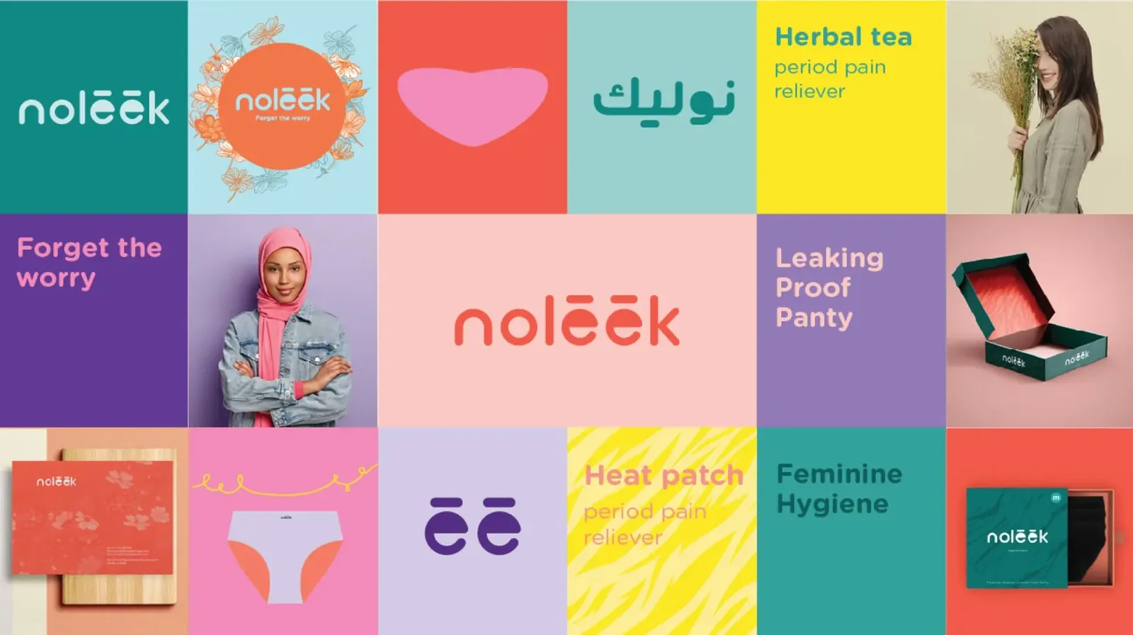 Noleek, Saudi Arabia: one identity in Arabic and English, from logo to packaging and campaign.