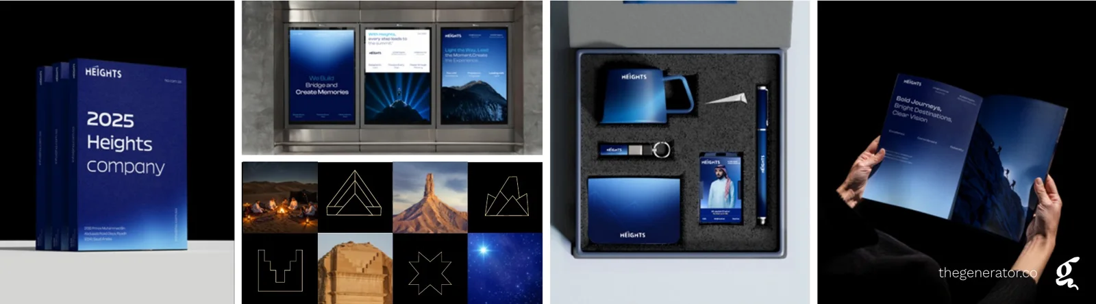 Heights brand identity and icons Heights Saudi event management brand identity with night-blue company profile, gold line icons inspired by Saudi landscapes and welcome kit