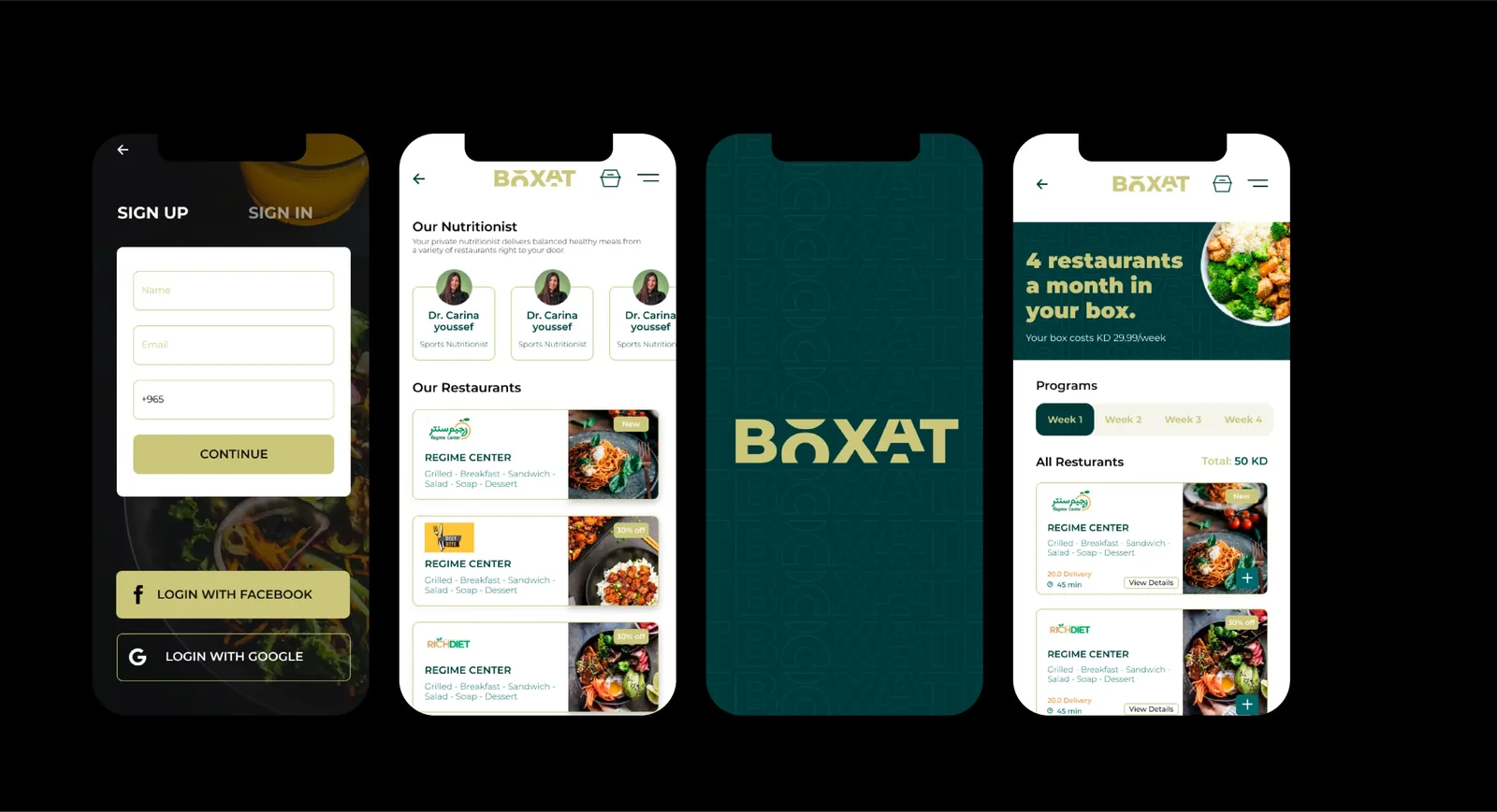 BOXAT app: sign-up, nutritionists, restaurants and weekly programmes.