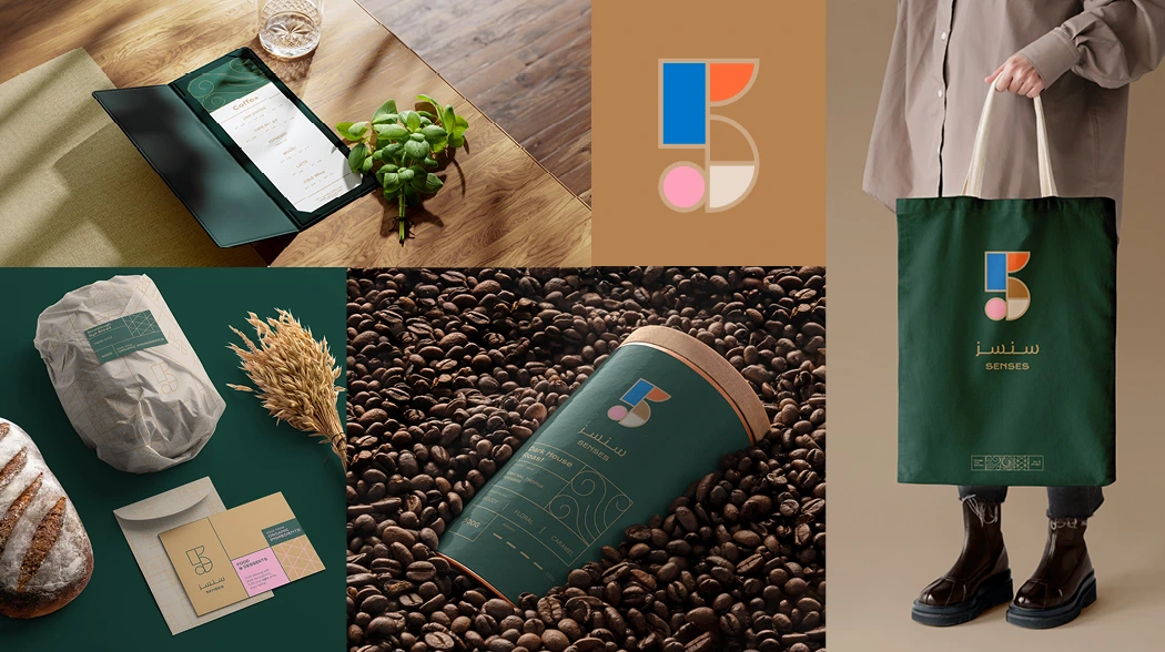 5 Senses Caf&eacute; bilingual Arabic and English brand identity &mdash; menu, bread packaging, coffee tin, stationery, and tote bag by Generator Design Agency