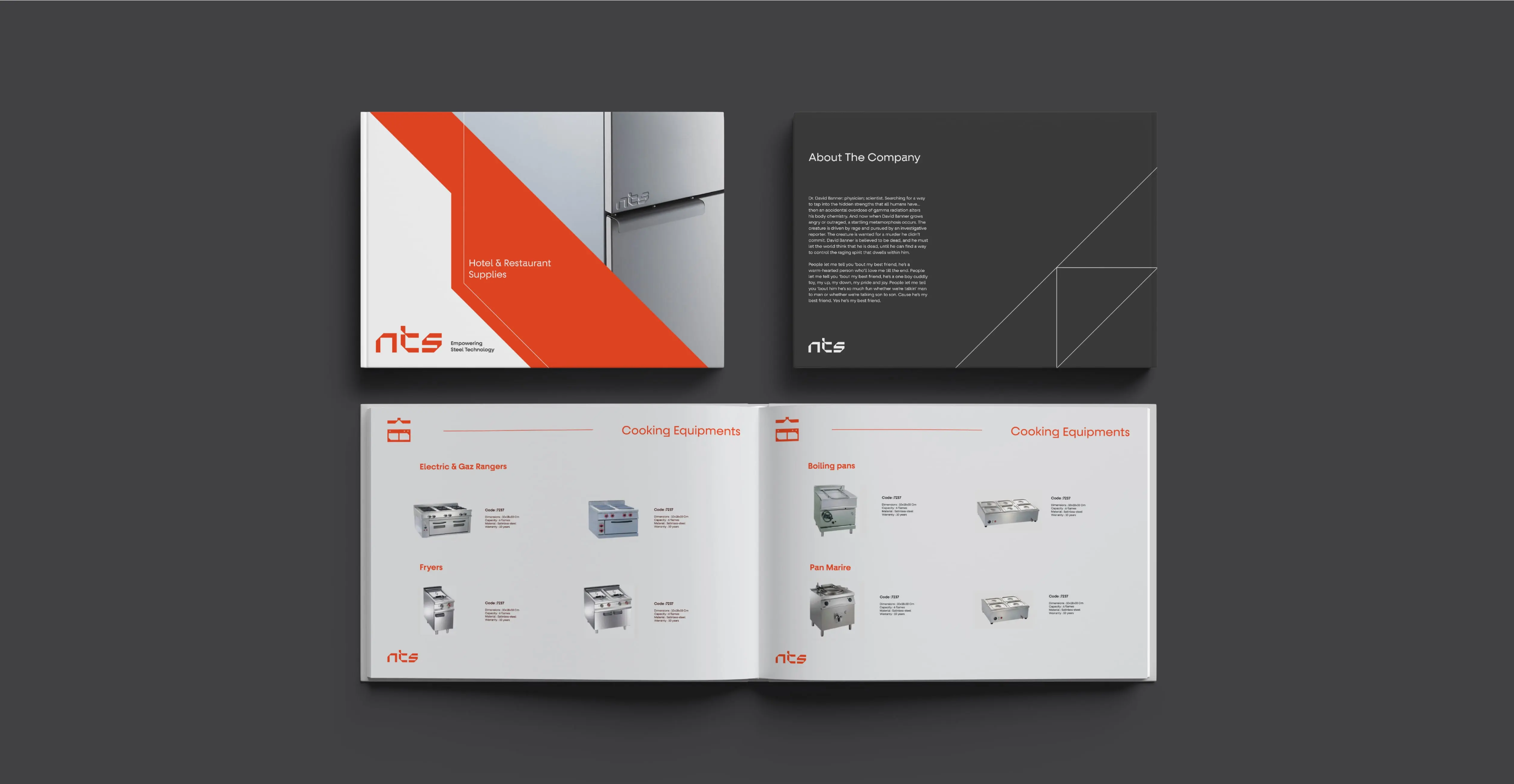 NTS hotel and restaurant supplies catalogue design by Generator: cover, about page and cooking equipment spreads, Cairo, Egypt