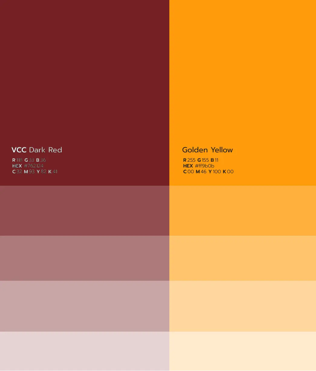 VCC brand colors: VCC Dark Red and Golden Yellow, each with lighter tints