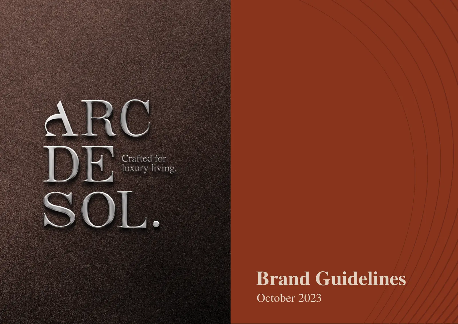 Arc de Sol brand book cover with the stacked serif wordmark and the tagline Crafted for luxury living