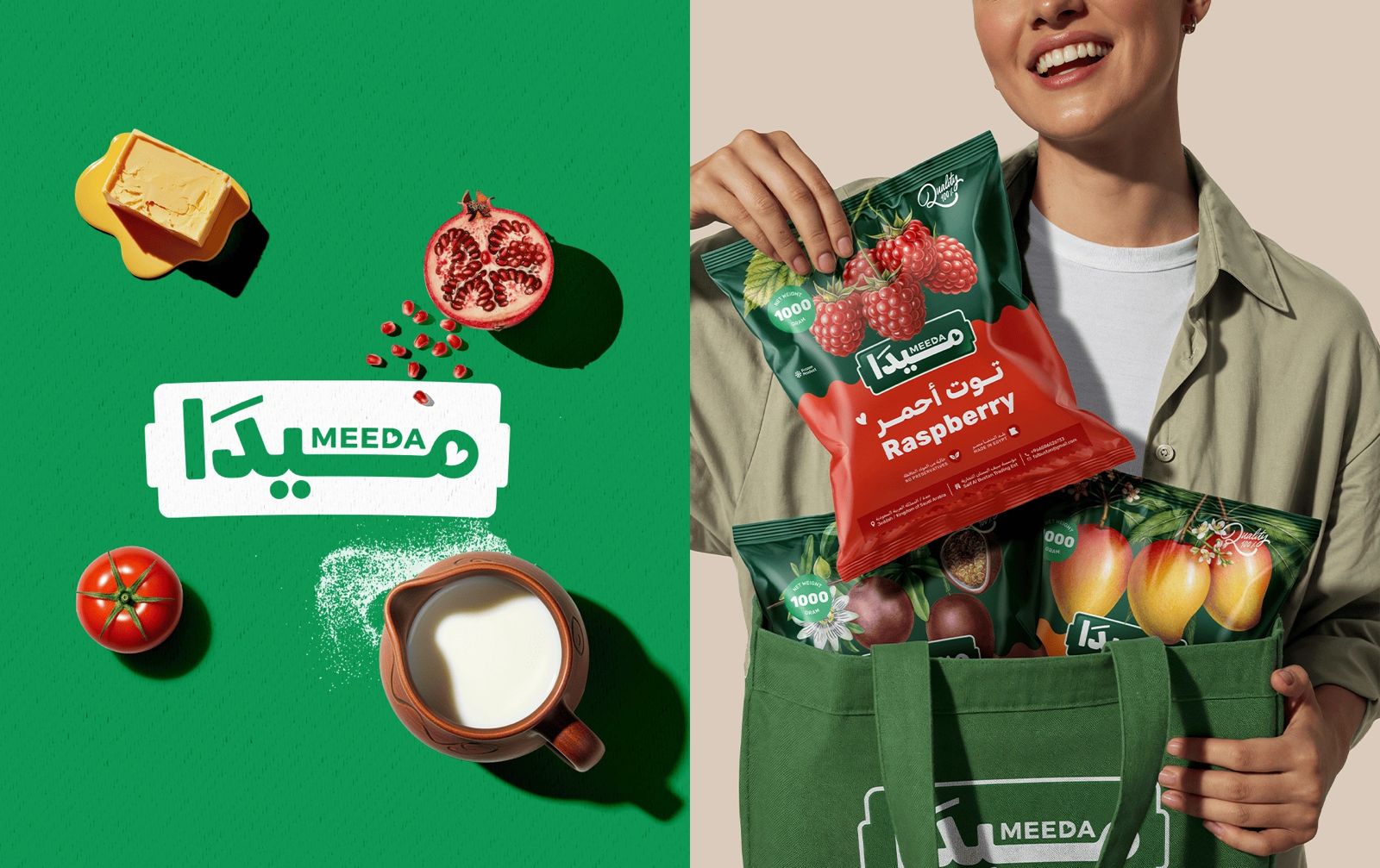 Meeda logo on green with butter, pomegranate, tomato and milk, next to a woman holding Meeda frozen raspberry and mango bags