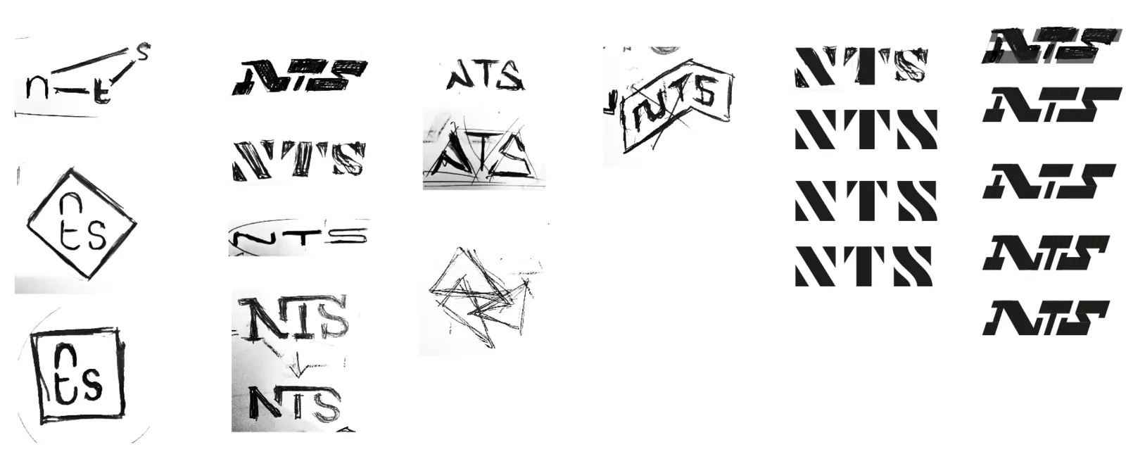 Early hand sketches of the NTS letters, moving from boxed and slanted forms toward a bold wordmark