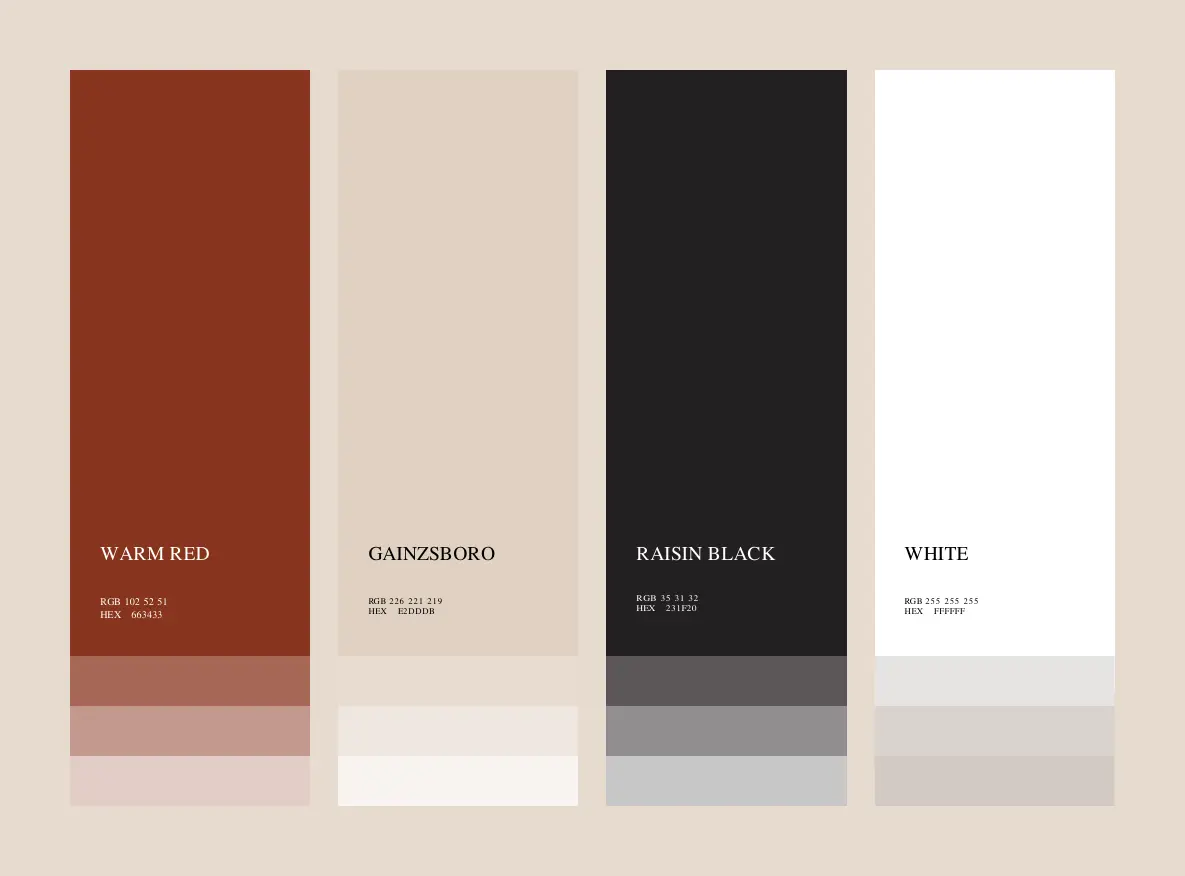 Arc de Sol color palette: Warm Red, Gainsboro, Raisin Black and White, with lighter tints