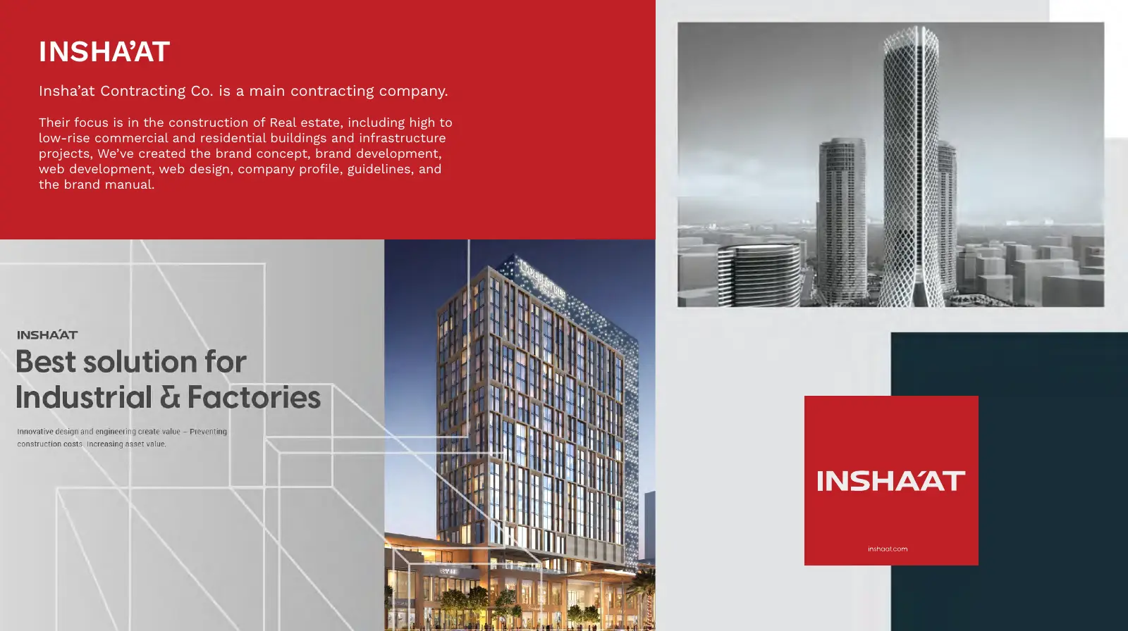 Insha'at Contracting, corporate materials and signage from the same brand manual.