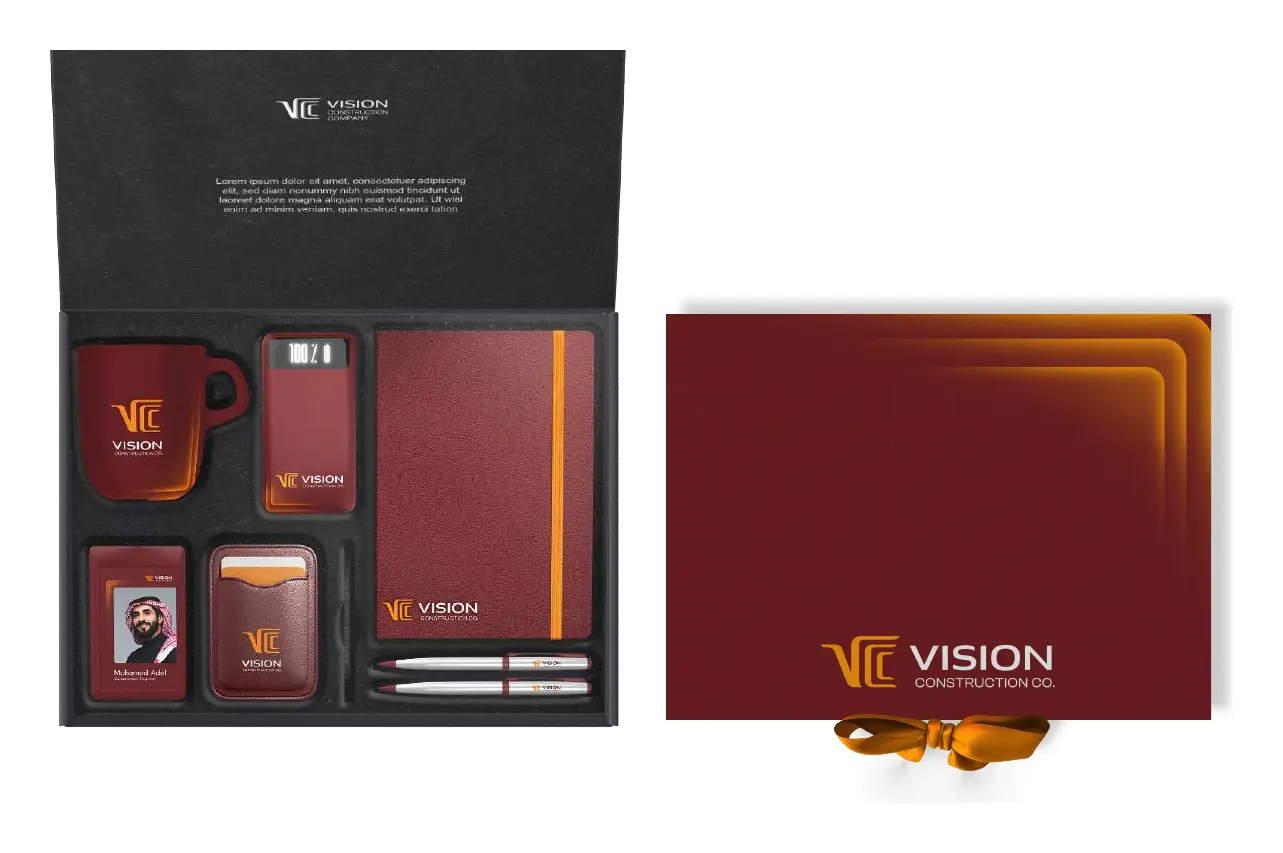 VCC employee welcome box with a branded notebook, mug, cardholder, pens and power bank