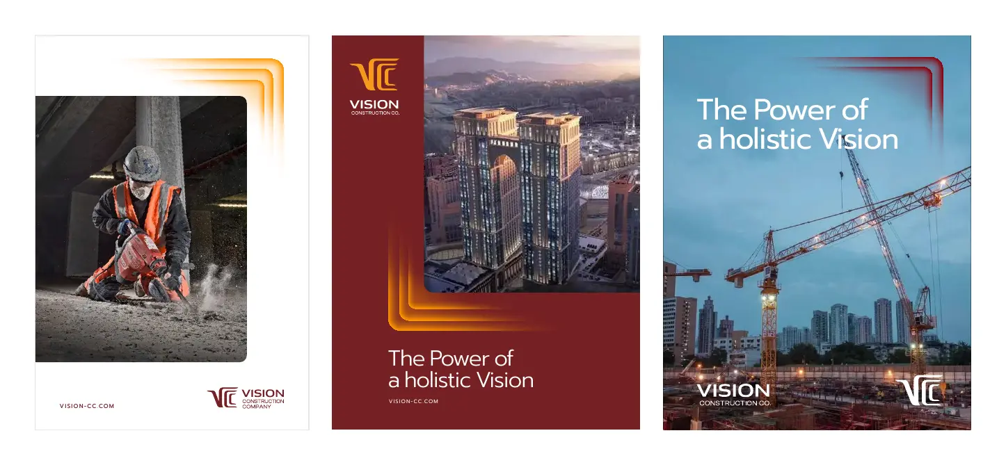 Three VCC posters with construction site photography and the line The Power of a Holistic Vision