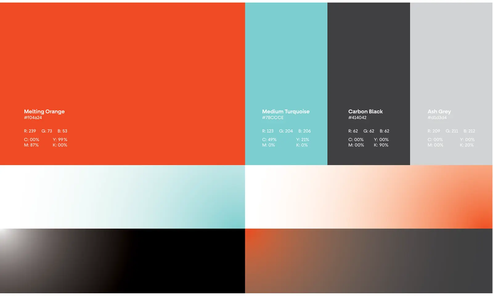 NTS color palette: Melting Orange, Medium Turquoise, Carbon Black and Ash Grey, with two gradients