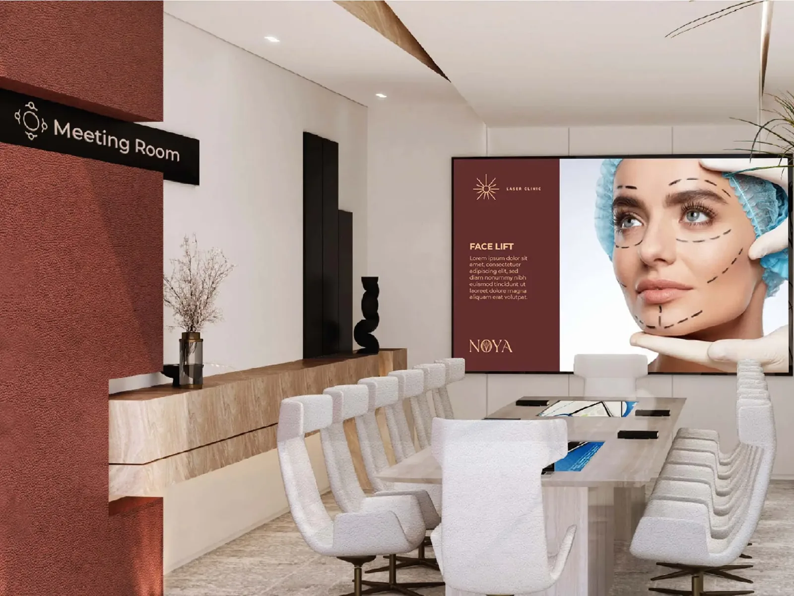 NOYA: wayfinding and digital screens that keep the brand consistent inside the clinic.