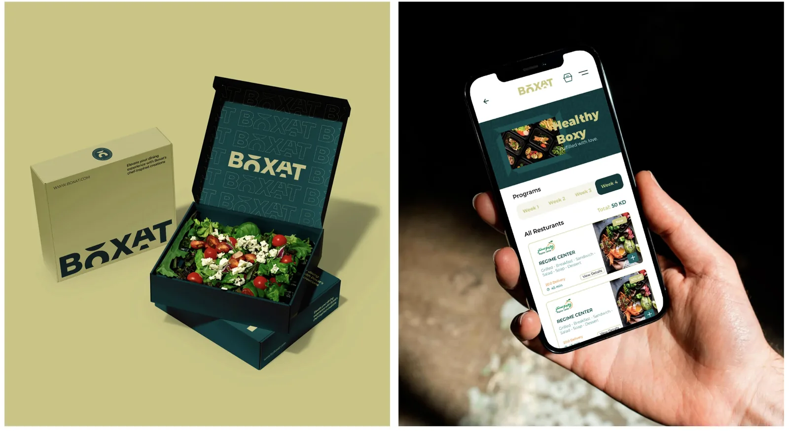 BOXAT Kuwait healthy meal box packaging with salad and the BOXAT diet meal app on a phone, by Generator Design Agency