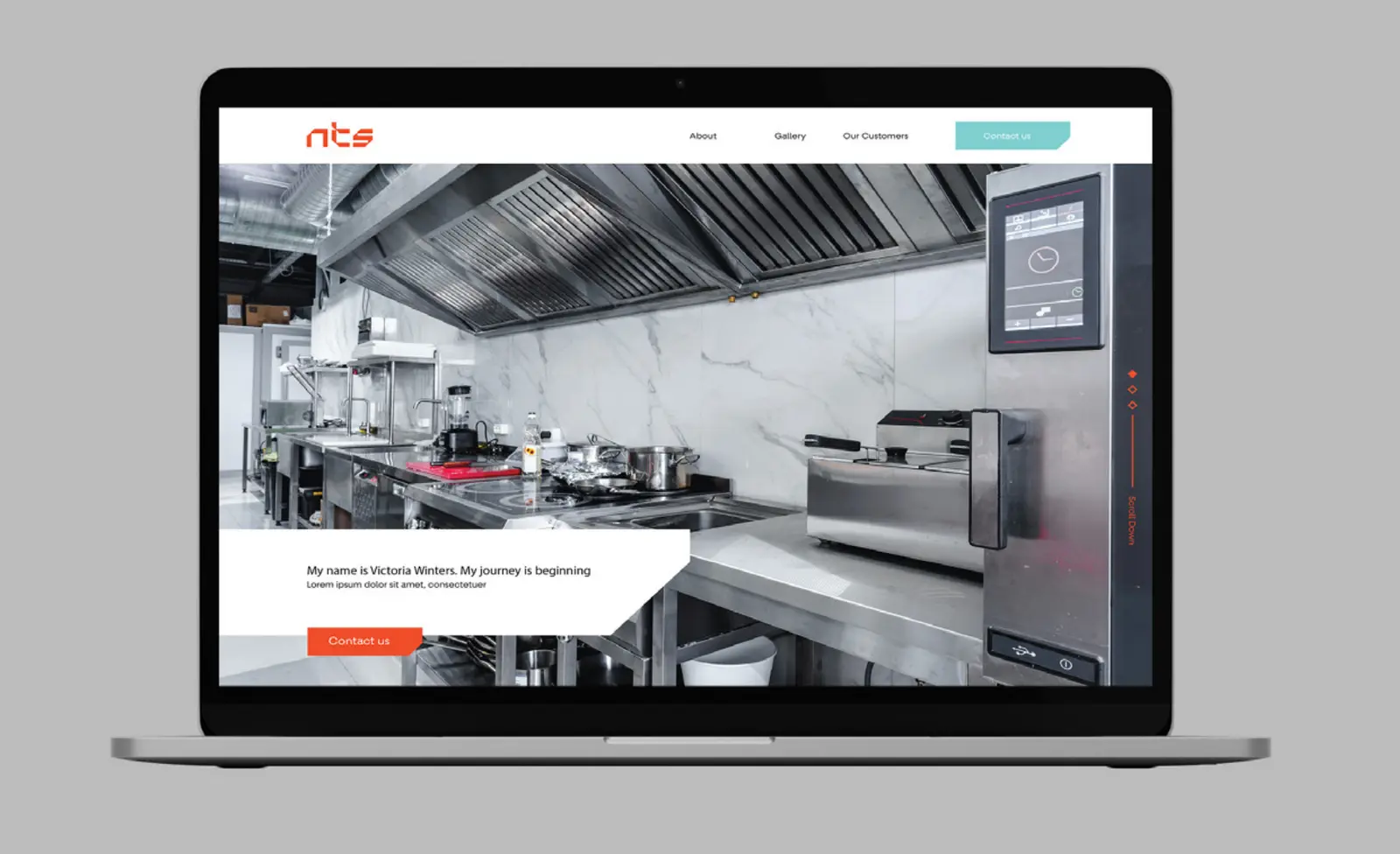 NTS website home page on a laptop, showing a stainless-steel commercial kitchen and orange navigation