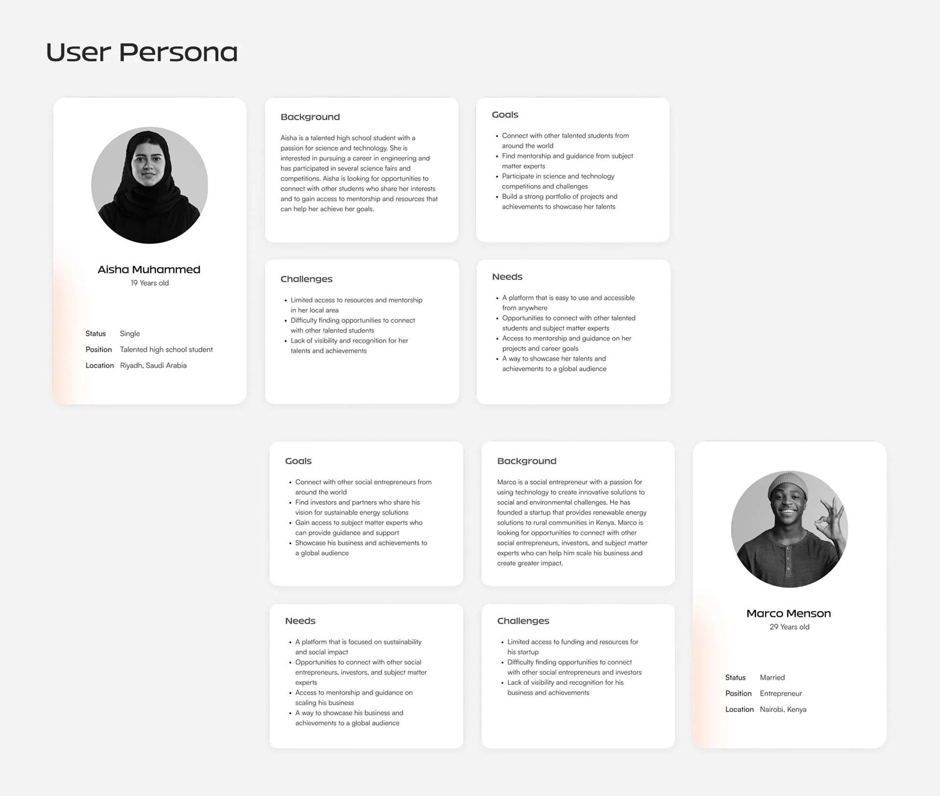 User persona boards for the M3 Mawhiba MetaMinds platform: a student in Riyadh and a social entrepreneur in Nairobi, by Generator
