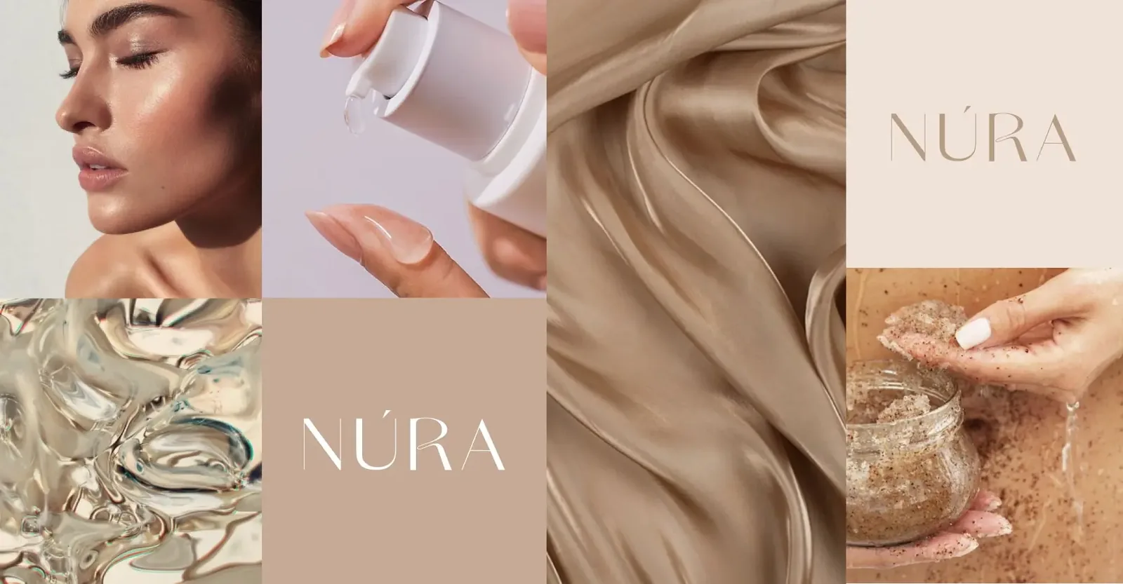 NURA natural skincare brand identity moodboard for Egypt with the NURA logo, textures and product imagery