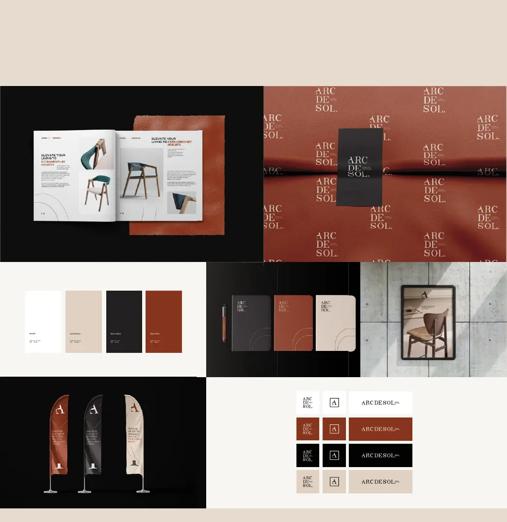 Arc de Sol kit of parts: catalogue, packaging, color swatches, feather flags and logo variations