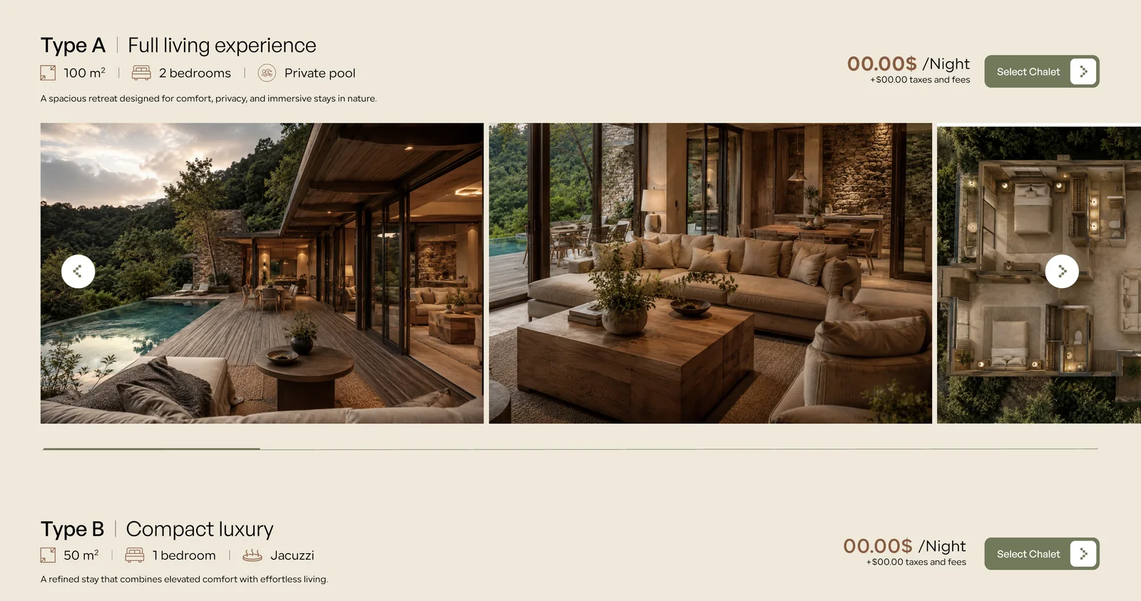 Circle Five hotel website chalet type page UI with Type A full living experience, private pool, living room and floor plan