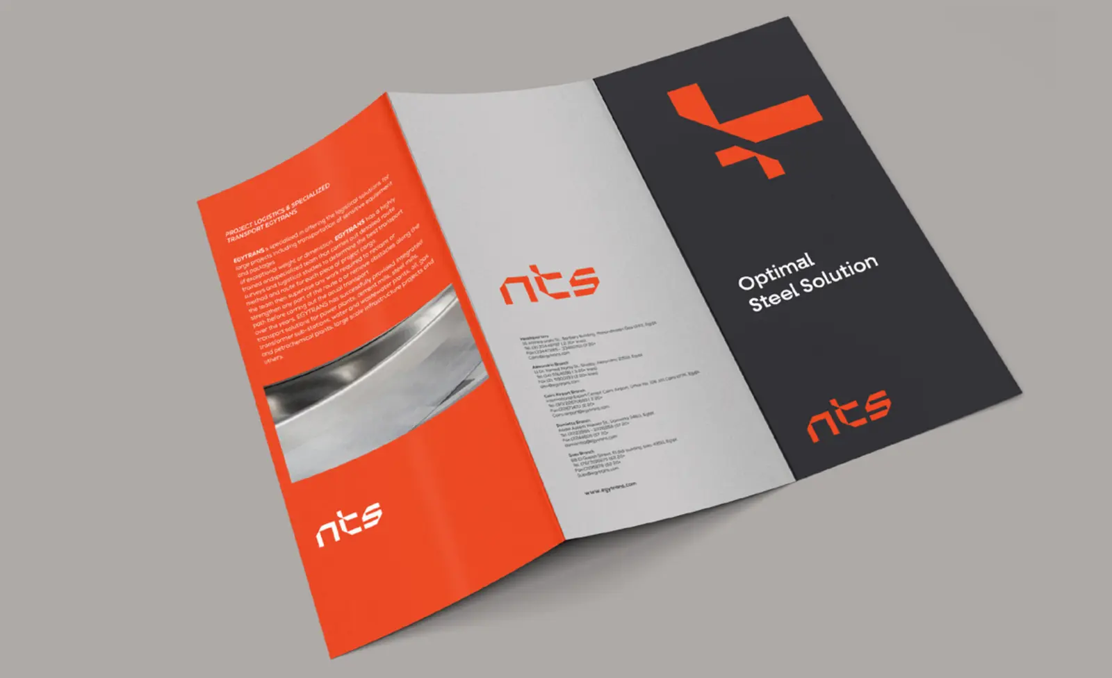 Open NTS tri-fold brochure in orange, grey and carbon black with the line Optimal Steel Solution