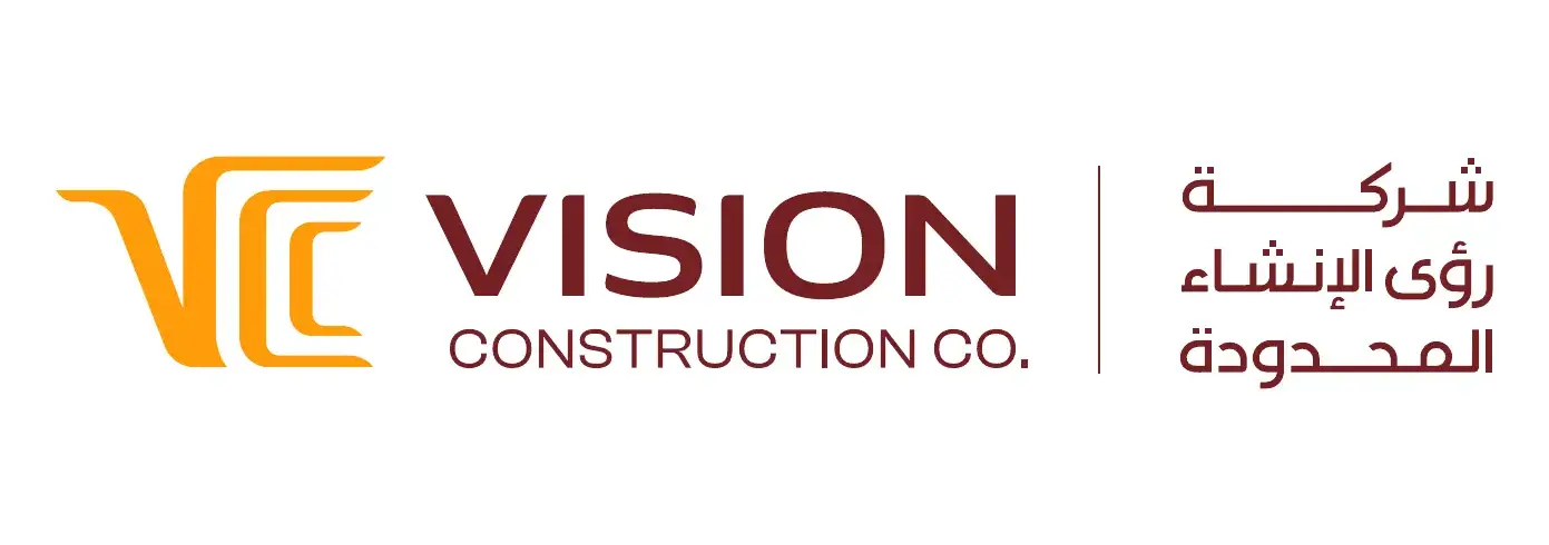 Bilingual VCC logo: Vision Construction Co. in English and شركة رؤى الإنشاء المحدودة in Arabic, sharing one mark