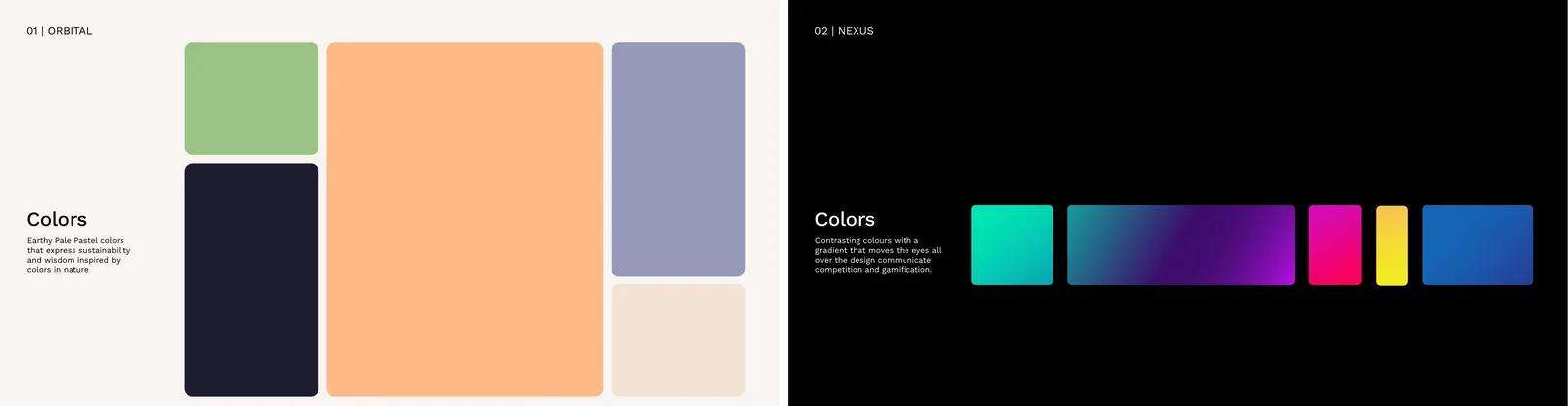 Colour palettes for the two GTP creative routes by Generator: earthy pastels for Orbital and bright contrasting gradients for Nexus