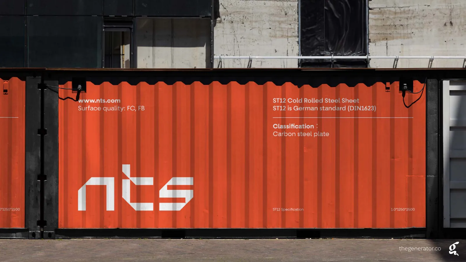NTS rebranding for an Egyptian steel company: new logo on an orange shipping container, by Generator