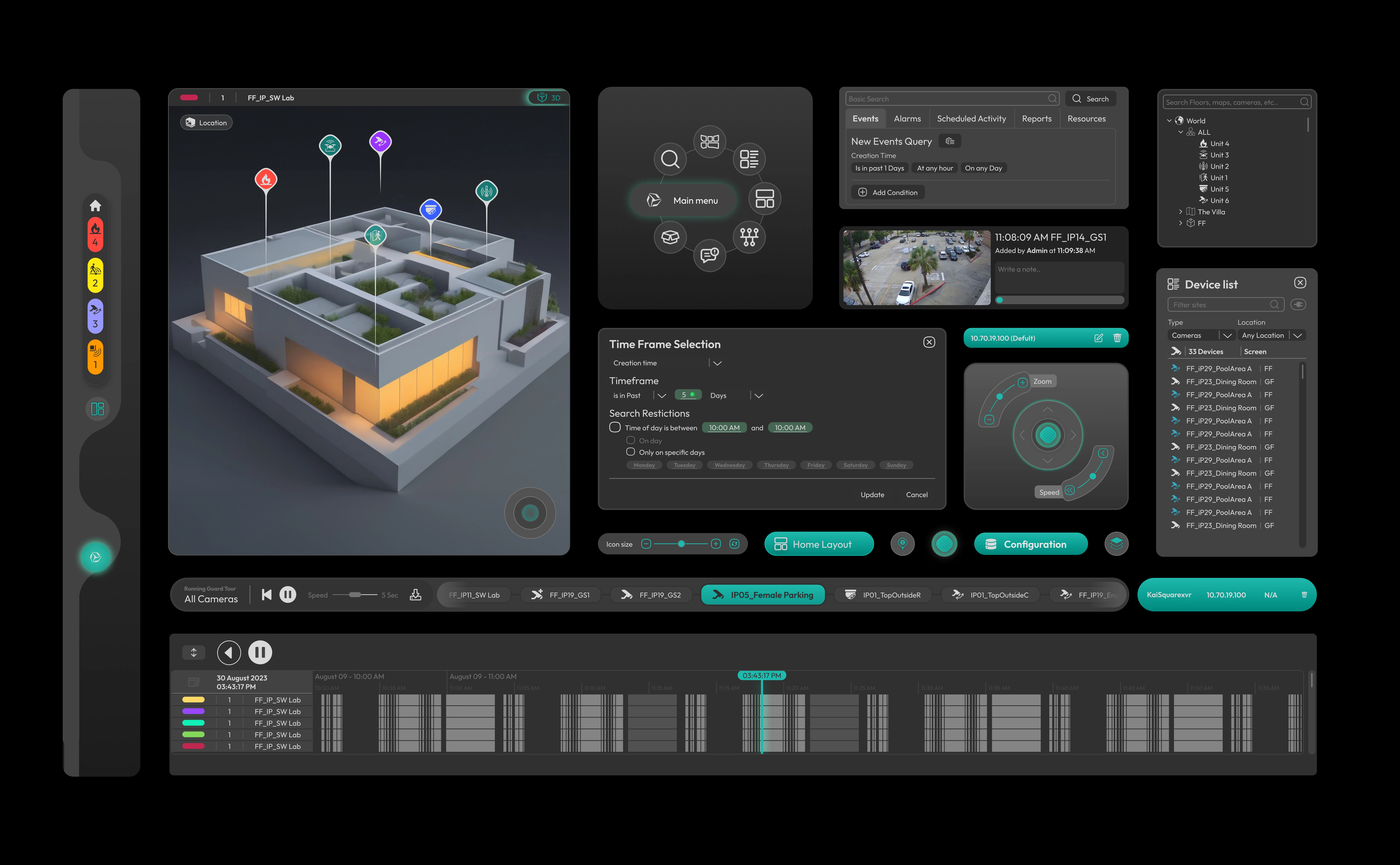 C3i Protect security platform dashboard UI &mdash; 3D site view, live camera feeds, and event timeline, designed by Generator Design Agency