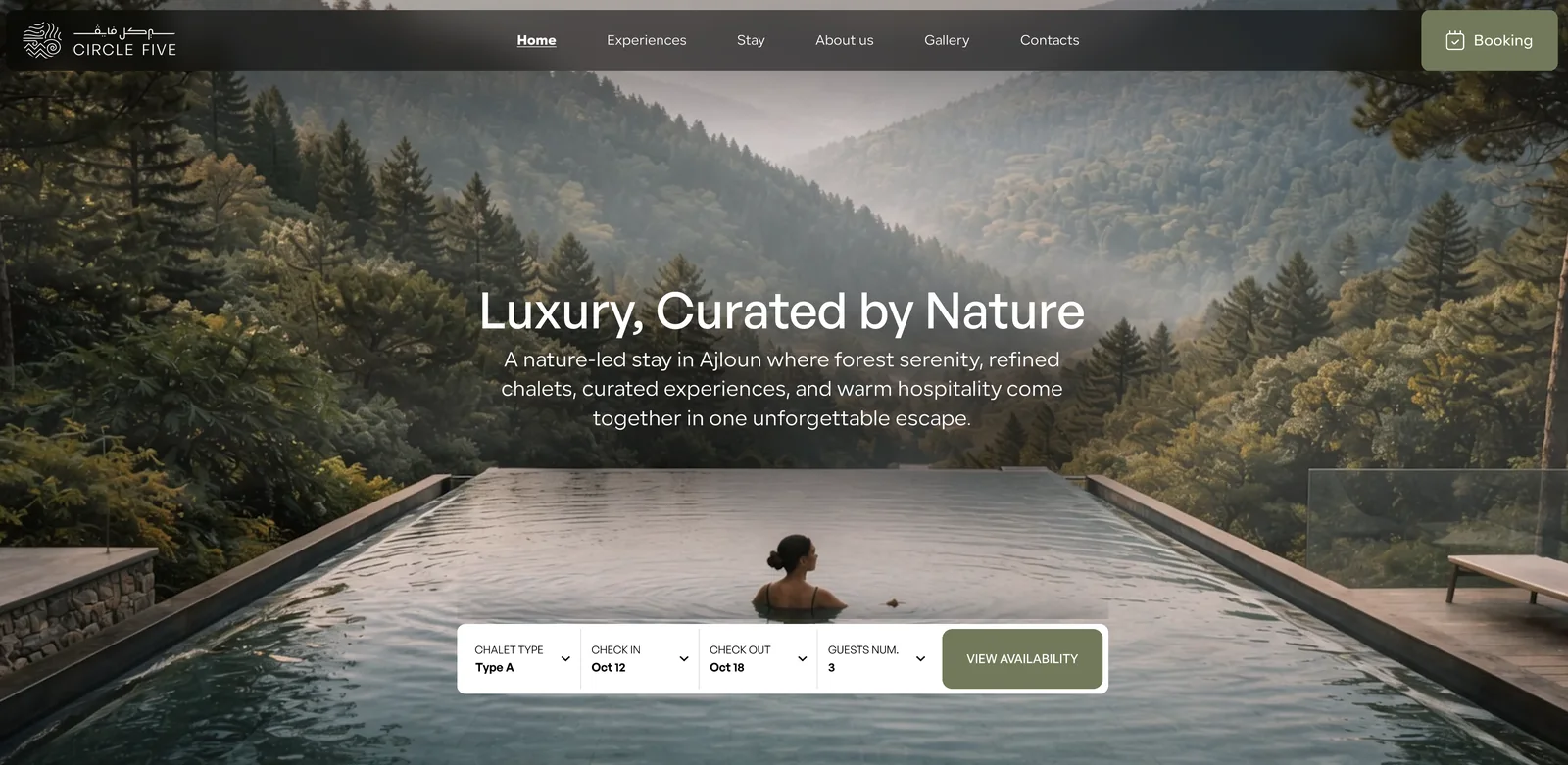 Circle Five hotel website homepage UI with an infinity pool hero and a booking bar for chalet type, check-in, check-out and guests