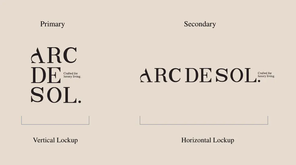 Arc de Sol English logo in a stacked vertical lockup and a single-line horizontal lockup