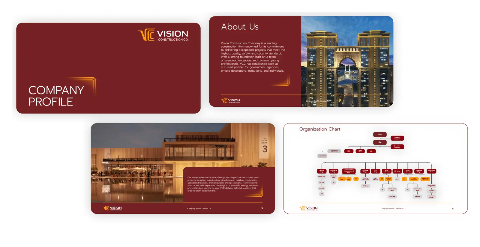 Pages from the VCC company profile: dark red cover, About Us spread, a project page and an organisation chart