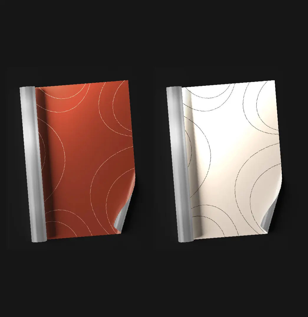 Arc de Sol wrapping paper in warm red and stone, printed with flowing arc lines