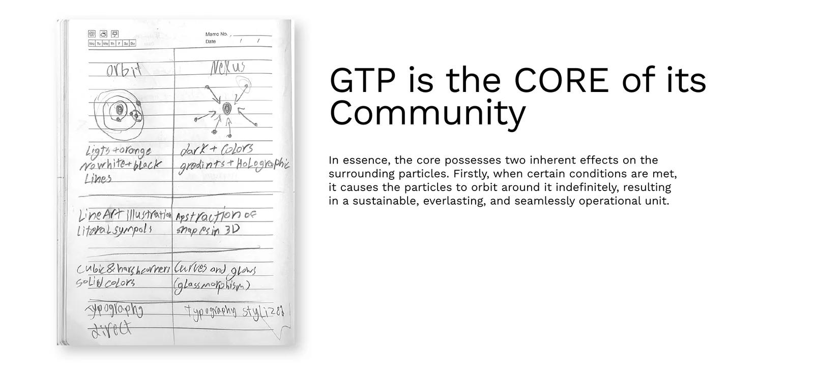 Notebook page from the GTP creative orientation by Generator comparing two routes, Orbit and Nexus, with notes on colour, illustration, shapes and typography