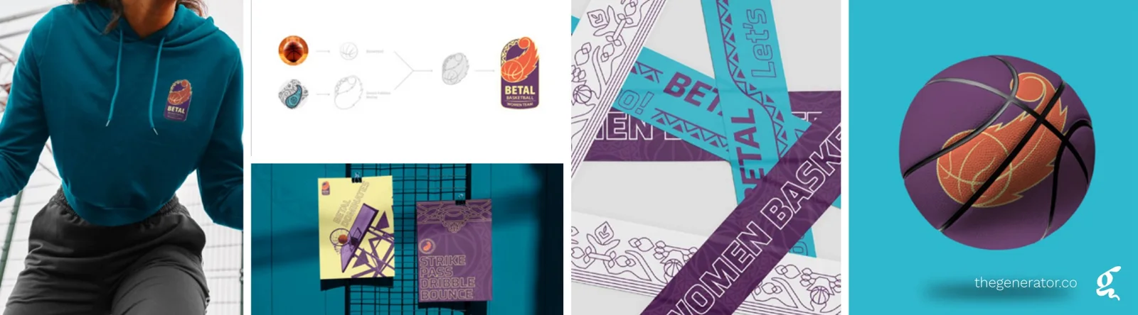 Betal brand identity, from sketch to system Betal Oman women's basketball brand identity with logo sketches, hoodie, posters, patterned tapes and basketball
