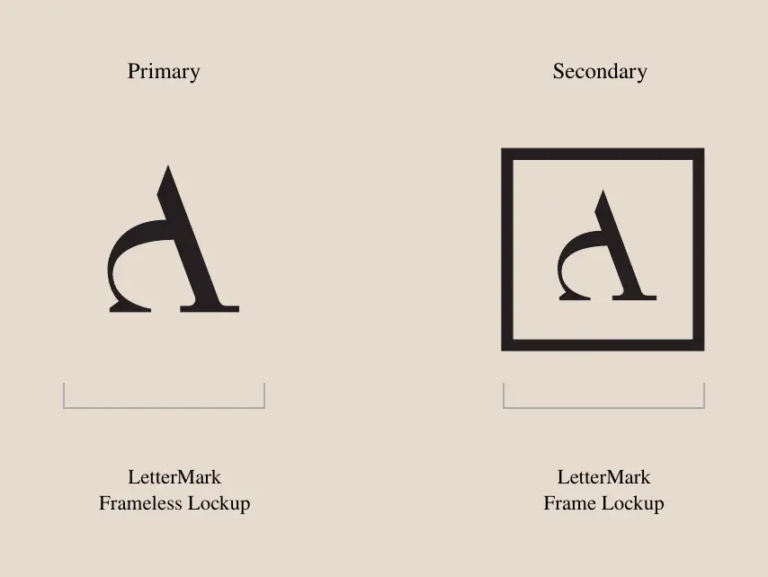 Arc de Sol letter mark: a serif A with a sweeping arc, shown with and without a square frame