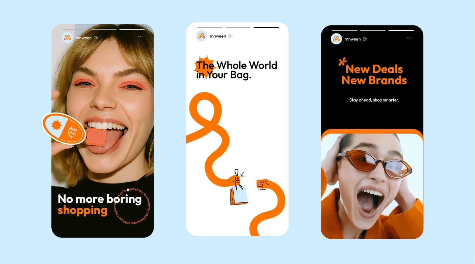 MNWEEN brand identity on Instagram stories MNWEEN e-commerce brand identity on Instagram stories with an orange route line, illustrated hands passing a shopping bag and the headline The Whole World in Your Bag
