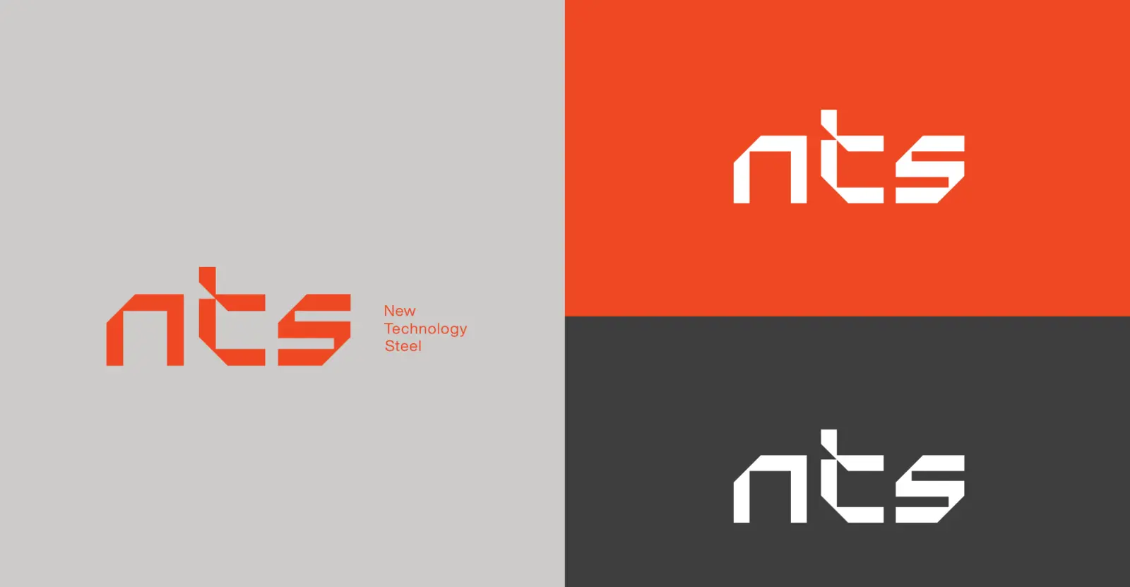 The NTS logo in three versions: orange on light grey, white on orange and white on carbon black
