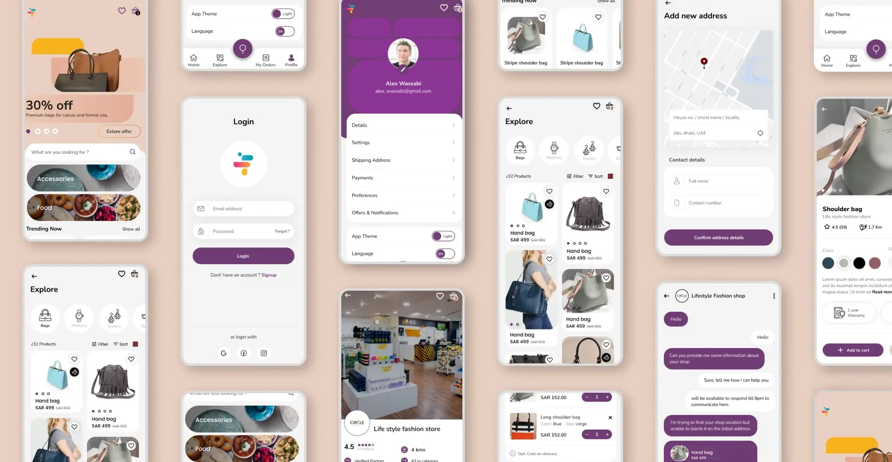 Arfof multi-vendor marketplace mobile app screens: explore, product, cart, profile and chat, by Generator