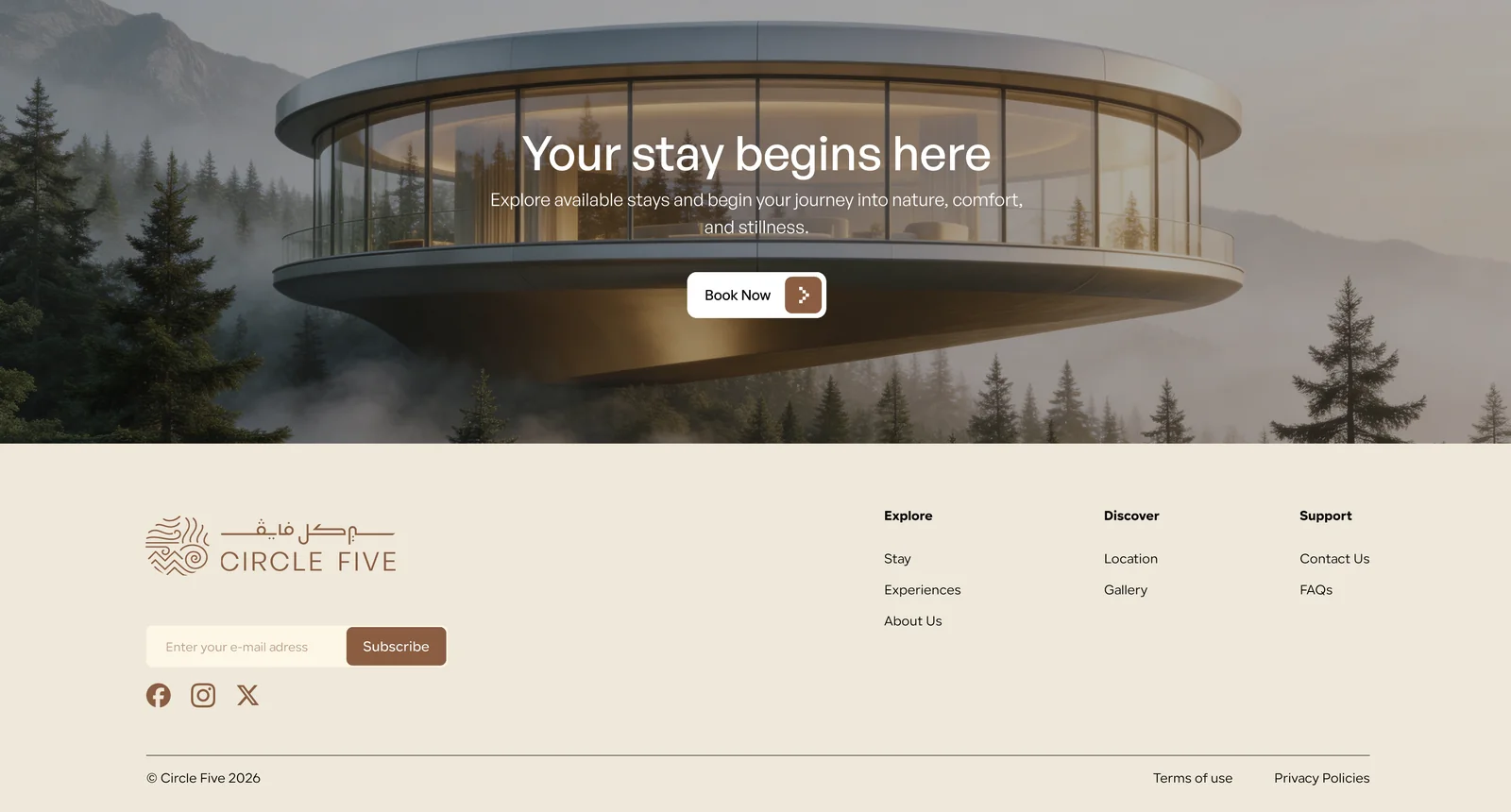 Circle Five hotel website Your stay begins here booking banner and footer with the bilingual Circle Five logo