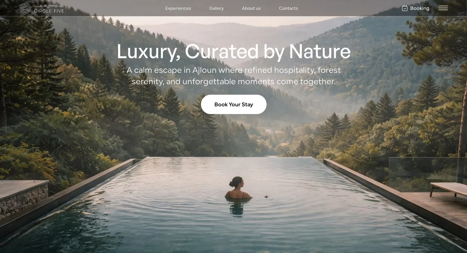 Circle Five hotel website UI/UX landing page design with the headline Luxury, Curated by Nature and a Book Your Stay button