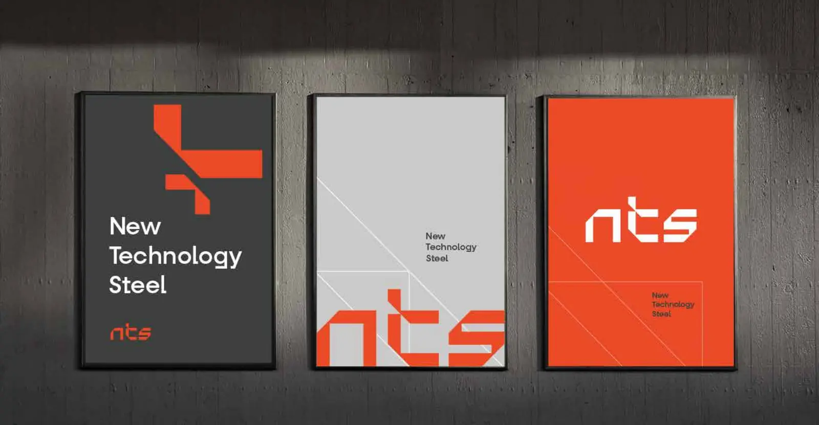 Three NTS posters in carbon black, light grey and orange, using the brand's angled graphic