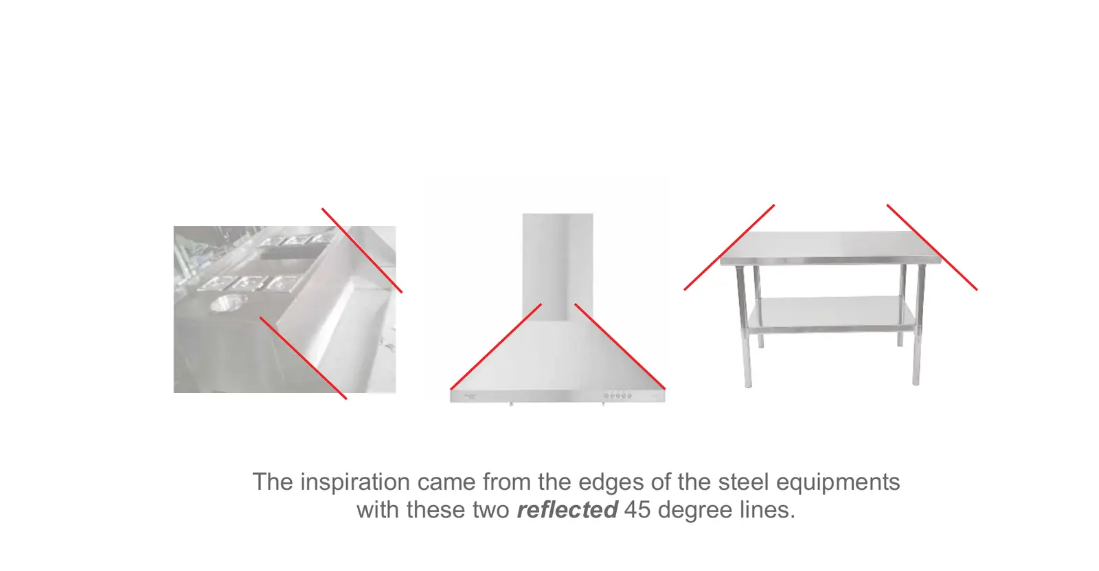 Red 45-degree lines traced over the edges of a steel sink, extraction hood and prep table, the idea behind the NTS logo