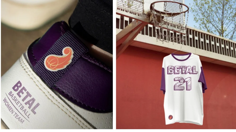 Betal jersey and sneaker branding Betal women's basketball team jersey number 21 and branded sneaker tab